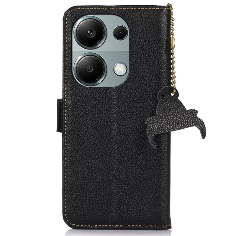 For Xiaomi Redmi Note 13 4G Wallet Case Genuine Cow Leather Phone Cover RFID Blocking - Black