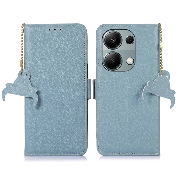 Para Xiaomi Redmi Note 13 4G Wallet Case Genuine Cow Leather Phone Cover RFID Blocking - Azul