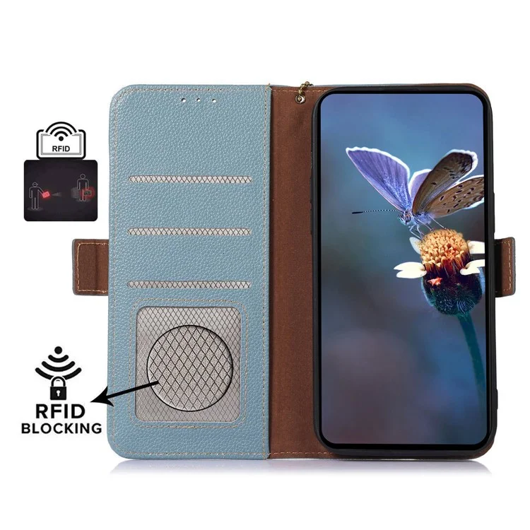 Para Xiaomi Redmi Note 13 4G Wallet Case Genuine Cow Leather Phone Cover RFID Blocking - Azul