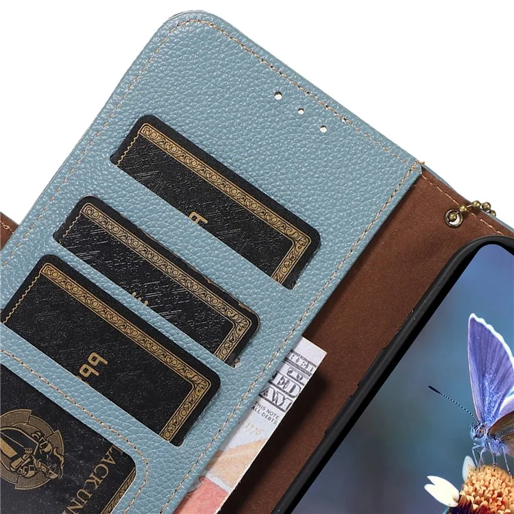 Para Xiaomi Redmi Note 13 4G Wallet Case Genuine Cow Leather Phone Cover RFID Blocking - Azul
