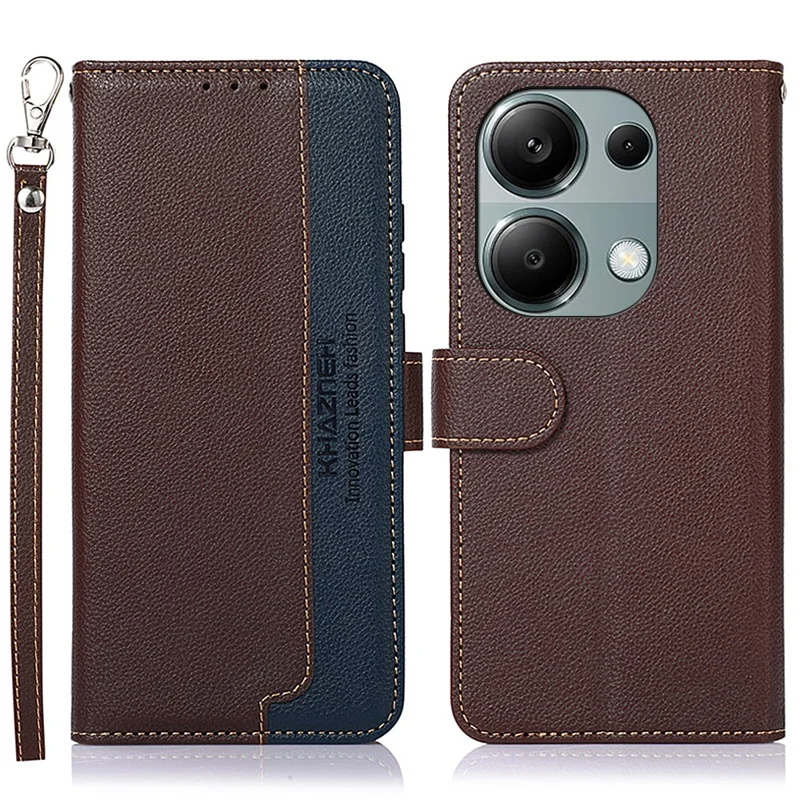 KHAZNEH For Xiaomi Redmi Note 13 4G Phone Case with RFID Blocking Litchi Texture PU Leather Cover - Brown