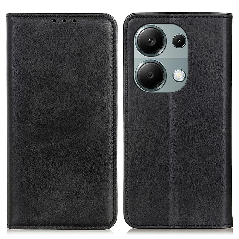 For Xiaomi Redmi Note 13 4G Split Leather Case Magnetic Closure Phone Cover Viewing Stand - Black