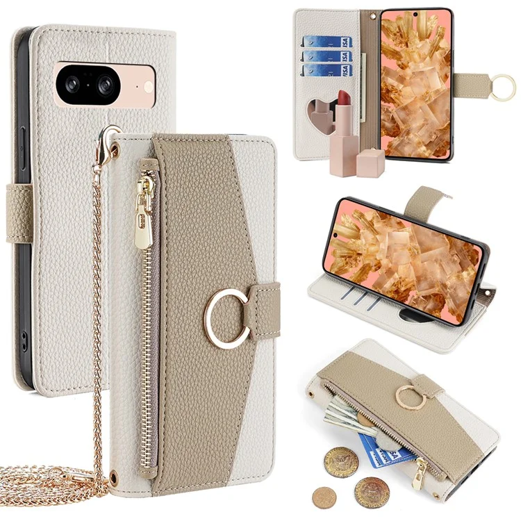 For Google Pixel 8 Case PU Leather+TPU Crossbody Phone Cover with Mirror - White