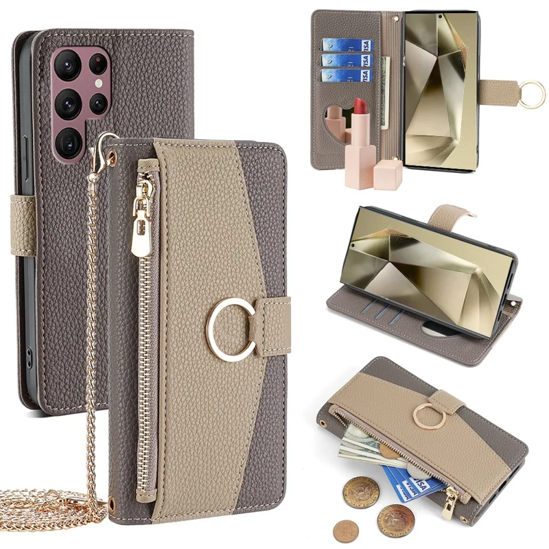 Zipper Wallet Case for Samsung Galaxy S24 Ultra Shell PU Leather Crossbody Phone Cover - Grey