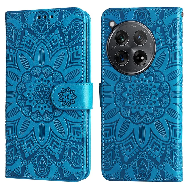 For OnePlus Ace 3 5G / 12R 5G Leather Case Imprinted Flower Phone Stand Cover - Blue