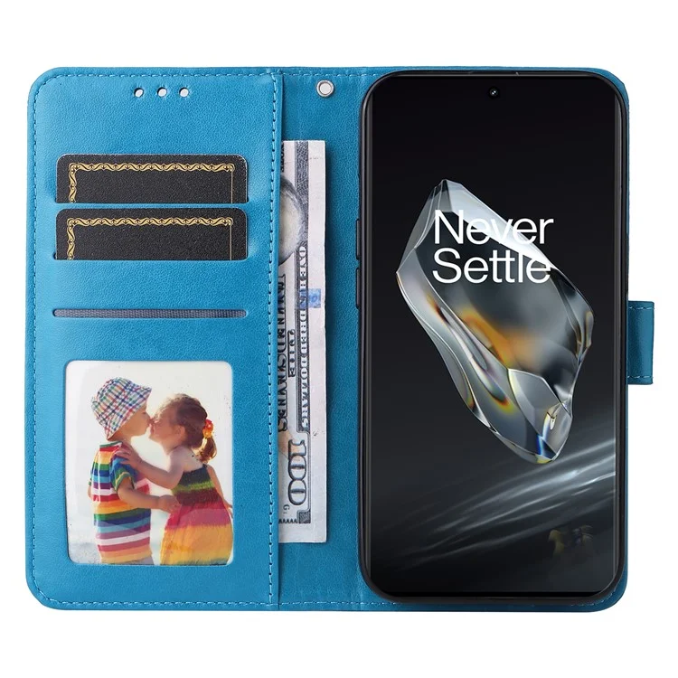 For OnePlus Ace 3 5G / 12R 5G Leather Case Imprinted Flower Phone Stand Cover - Blue