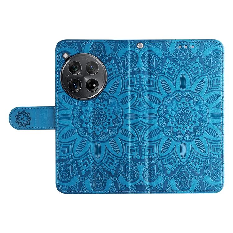 For OnePlus Ace 3 5G / 12R 5G Leather Case Imprinted Flower Phone Stand Cover - Blue