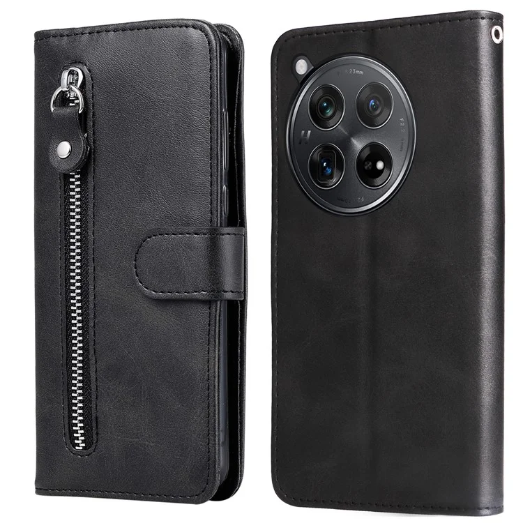 For OnePlus 12R 5G / Ace 3 5G Case Zipper Pocket Calf Texture Phone Cover - Black