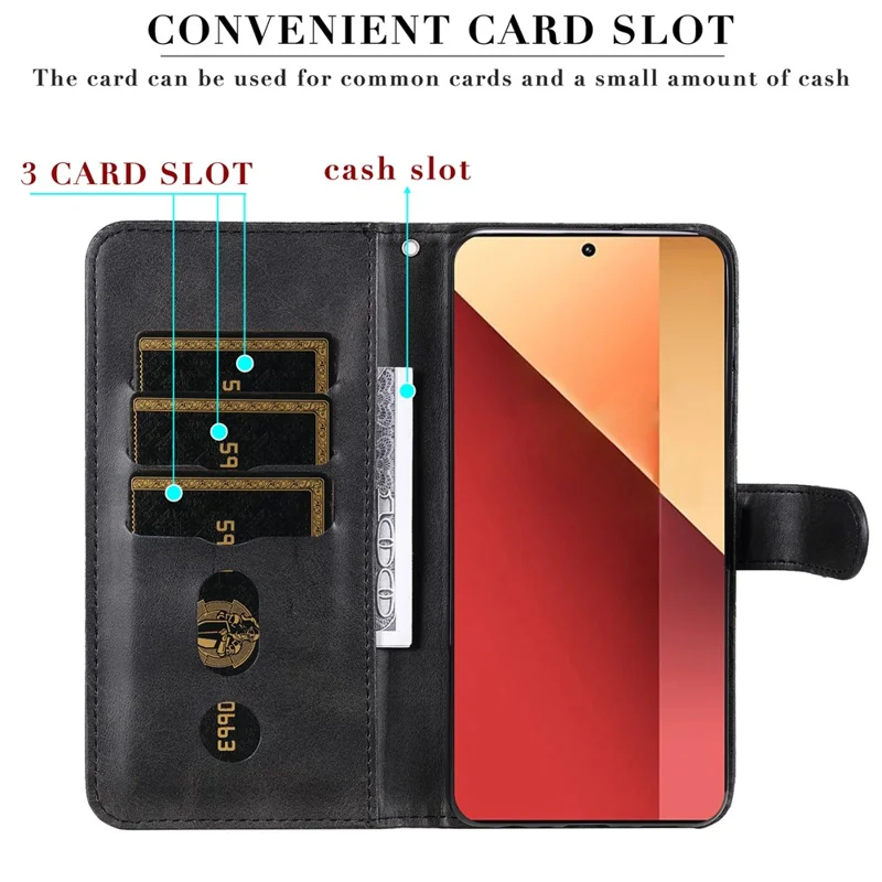 Für Xiaomi Redmi Note 13 Pro 4G / Poco M6 Pro 4G Hülle Leder Anti-Drop-Cover mit Reißverschlusstasche - Schwarz