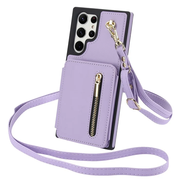 For Samsung Galaxy S23 Ultra Crossbody Case Zipper Card Holder Kickstand Phone Cover - Light Purple