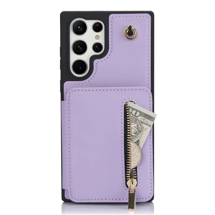 For Samsung Galaxy S23 Ultra Crossbody Case Zipper Card Holder Kickstand Phone Cover - Light Purple
