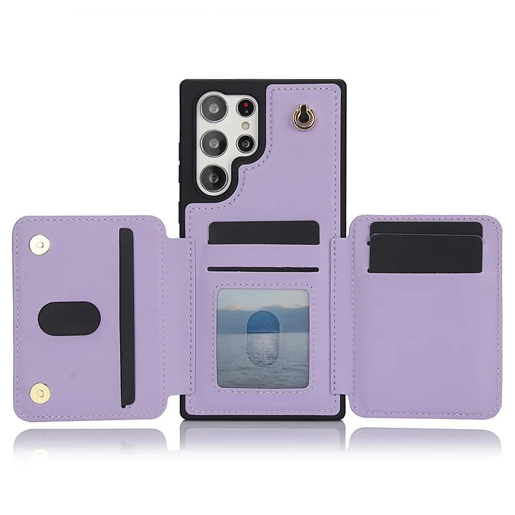 For Samsung Galaxy S23 Ultra Crossbody Case Zipper Card Holder Kickstand Phone Cover - Light Purple