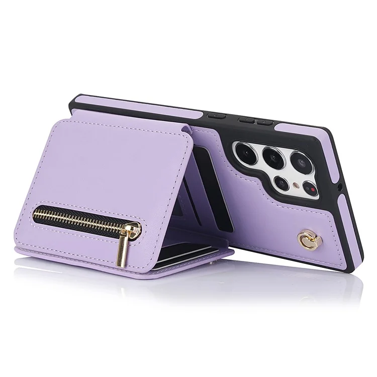 For Samsung Galaxy S23 Ultra Crossbody Case Zipper Card Holder Kickstand Phone Cover - Light Purple