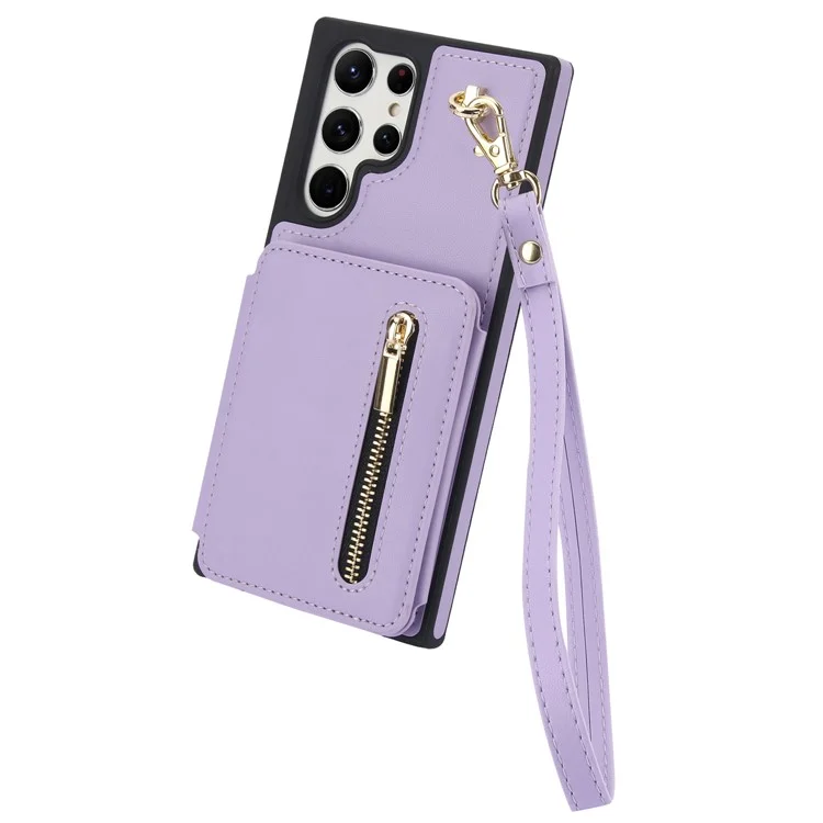 For Samsung Galaxy S23 Ultra Crossbody Case Zipper Card Holder Kickstand Phone Cover - Light Purple