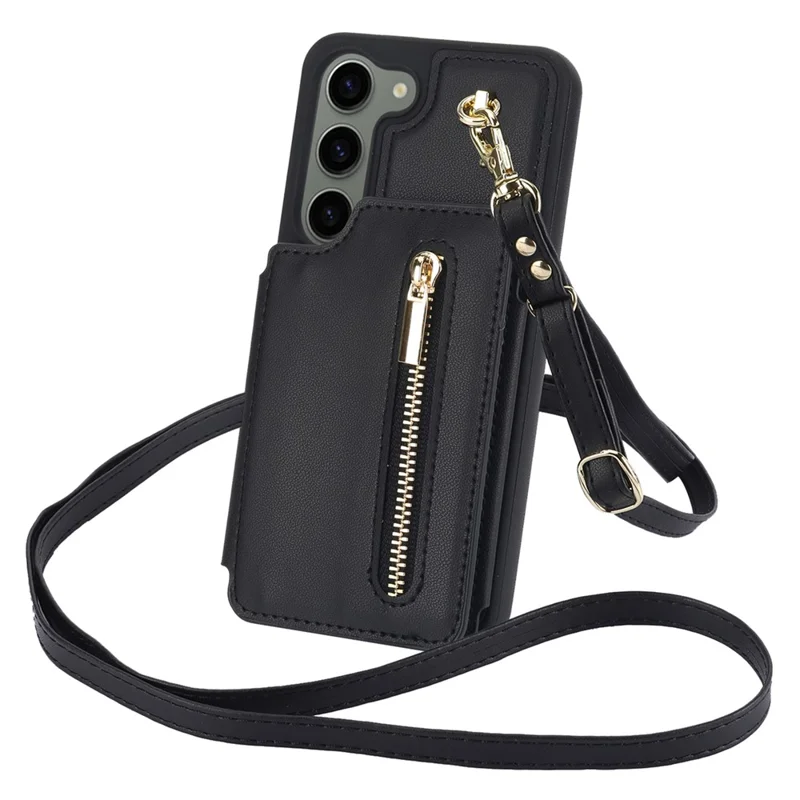 For Samsung Galaxy S23 Case with Card Holder Crossbody Leather Back Cover RFID Blocking - Black
