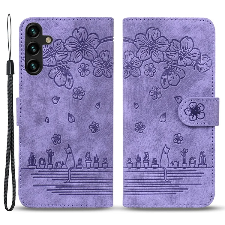 For Samsung Galaxy A25 5G (Global) (161.0 x 76.5 x 8.3mm) Leather Case Flower Cat Pattern Phone Cover Wallet - Purple