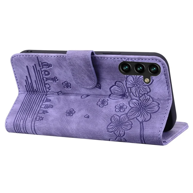 For Samsung Galaxy A25 5G (Global) (161.0 x 76.5 x 8.3mm) Leather Case Flower Cat Pattern Phone Cover Wallet - Purple