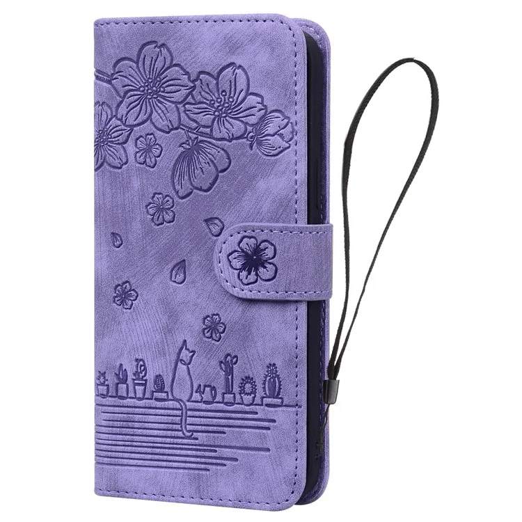 For Samsung Galaxy A25 5G (Global) (161.0 x 76.5 x 8.3mm) Leather Case Flower Cat Pattern Phone Cover Wallet - Purple