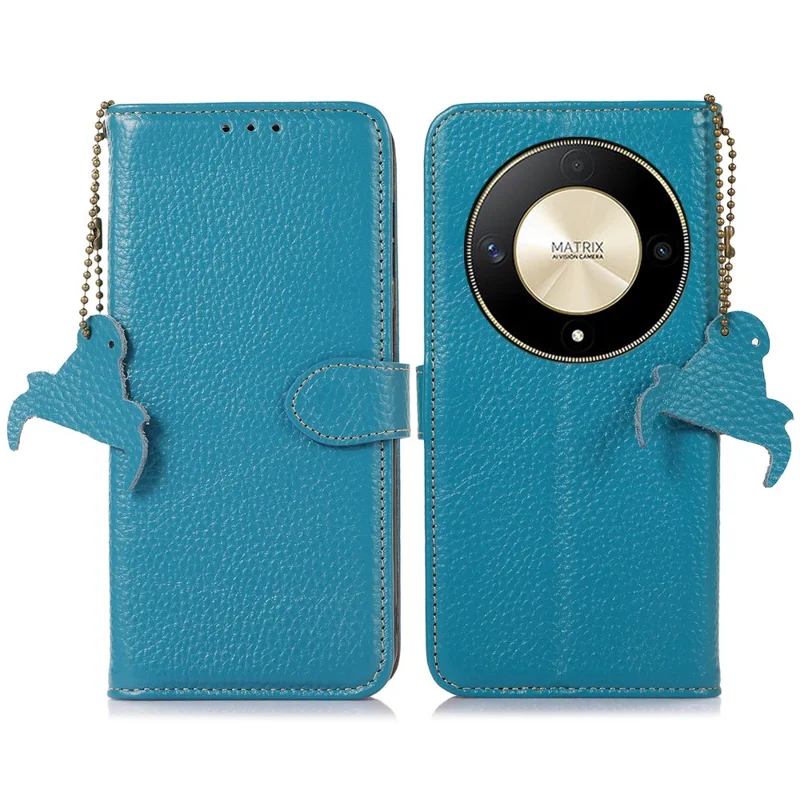 Pour le cas du téléphone Honor Magic6 Lite 5G / X9b 5G / X50 5G, boîtier en véritable cuir de vache à texture de litchi - bleu
