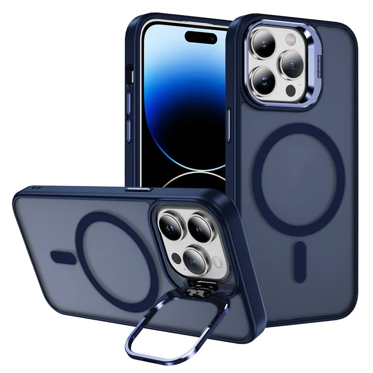 Funda de teléfono con soporte metálico compatible con MagSafe para iPhone 14 Pro, de PC+TPU+Metal, color zafiro