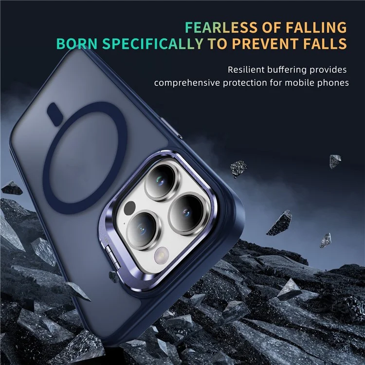 Funda de teléfono con soporte metálico compatible con MagSafe para iPhone 14 Pro, de PC+TPU+Metal, color zafiro