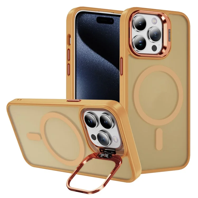 Для iPhone 15 Pro Max Skin-Touch PC+TPU+Metal Kickstand Phone Cover Compatible with MagSafe - Orange