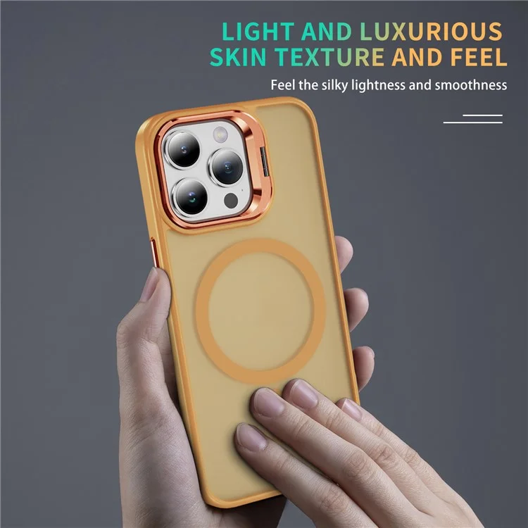 Для iPhone 15 Pro Max Skin-Touch PC+TPU+Metal Kickstand Phone Cover Compatible with MagSafe - Orange