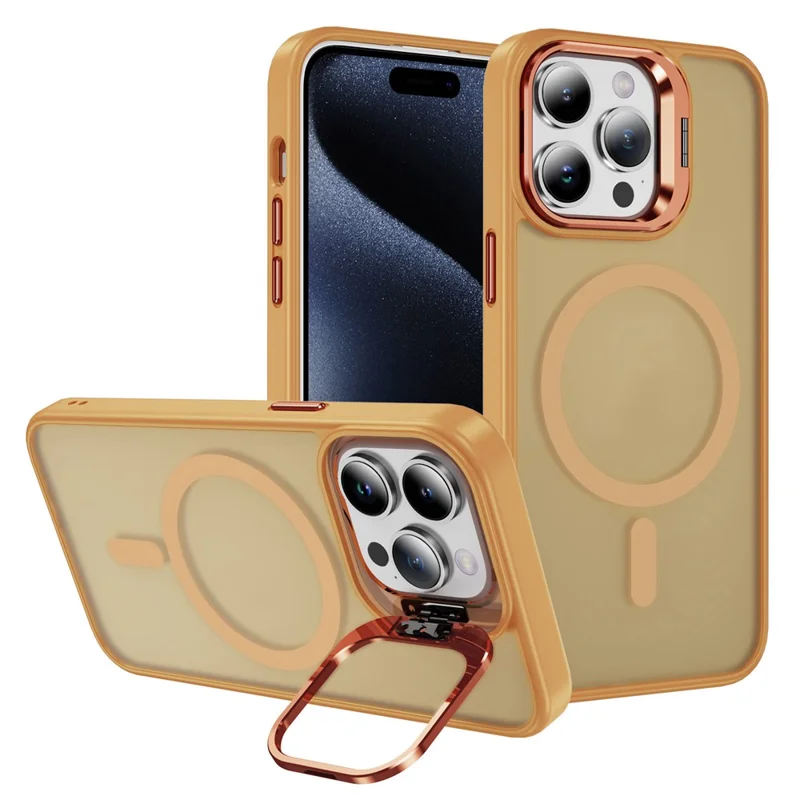 Compatible with MagSafe for iPhone 15 Pro Case PC+TPU+Metal Kickstand Phone Cover - Orange