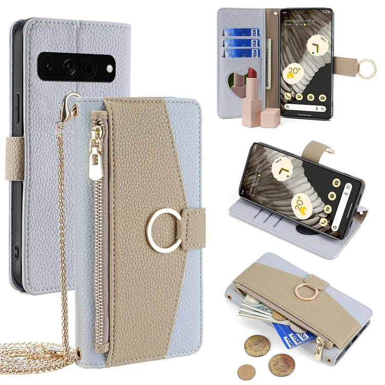 Per Google Pixel 7 Pro 5G Custodia Portafoglio Crossbody in Pelle PU Specchio per trucco Custodia per telefono - Blu