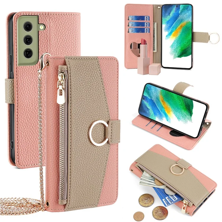 Für Samsung Galaxy S21 FE 5G Wallet Phone Case mit Crossbody-Träger, Reißverschluss und Lederüberzug - Pink