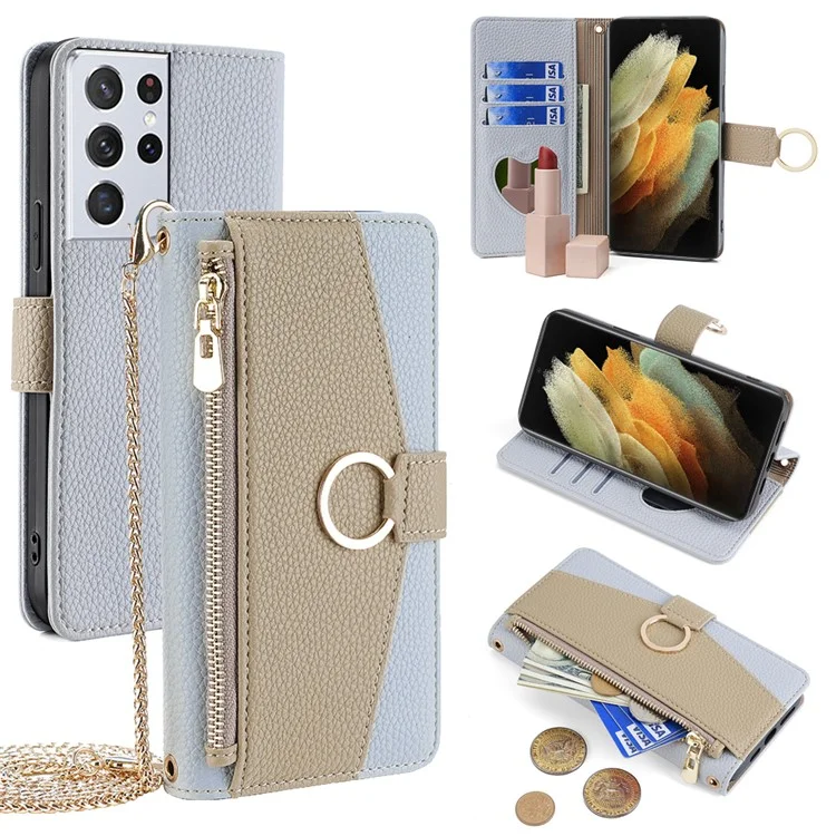 For Samsung Galaxy S21 Ultra 5G Phone Case PU Leather Zipper Makeup Mirror Wallet Cover - Blue