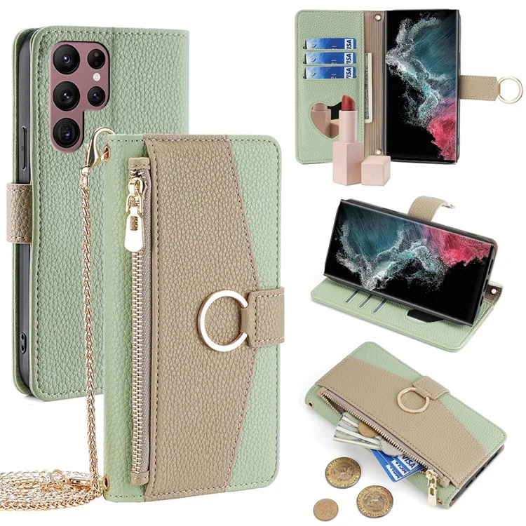 Pour Samsung Galaxy S22 Ultra 5G Étui Crossbody Fermeture Éclair Portefeuille Étui Téléphone - Vert