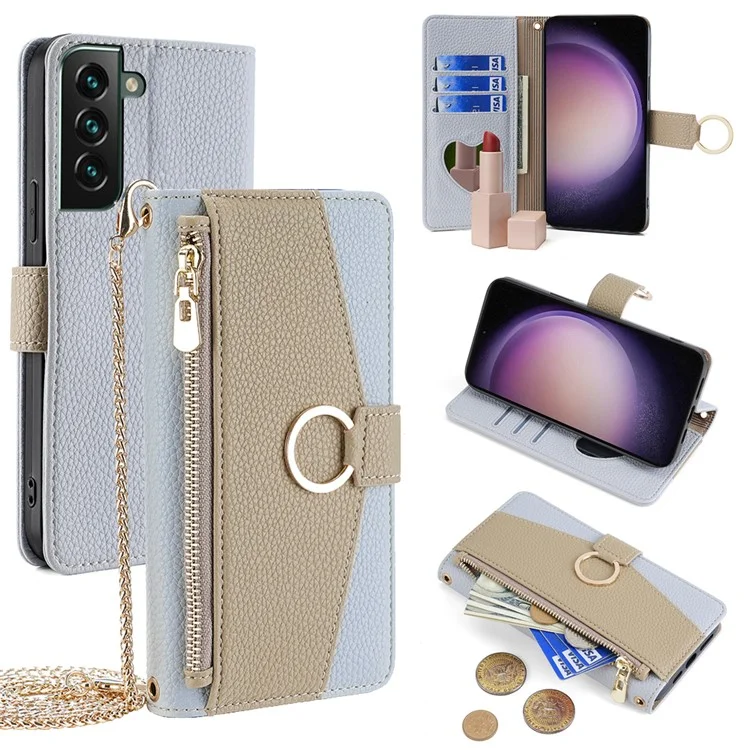 For Samsung Galaxy S23 FE Case PU Leather Zipper Pocket Crossbody Phone Pouch Cover - Blue