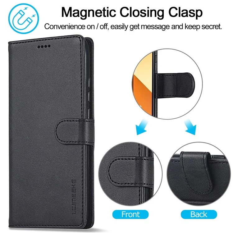 LC.IMEEKE For Xiaomi Redmi Note 13 Pro 5G / Poco X6 5G Case Wallet Stand Calf Texture Leather Phone Cover - Black