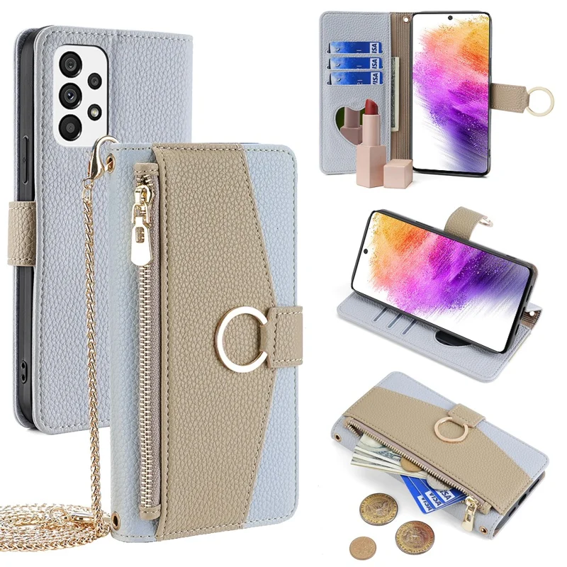 For Samsung Galaxy A73 5G Zipper Flip Cover PU Leather Phone Case with Crossbody Strap - Blue