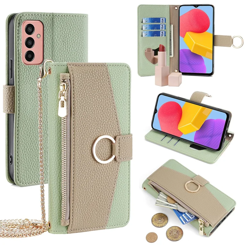 For Samsung Galaxy M13 4G Leather Case Zipper Wallet Makeup Mirror Phone Cover with Shoulder Strap - Green