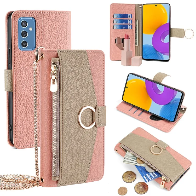 For Samsung Galaxy M52 5G Wallet Case Makeup Mirror Inside Crossbody PU Leather Phone Cover - Pink