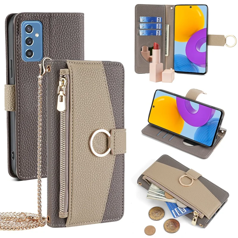Für Samsung Galaxy M52 5G Brieftasche Hülle mit Makeup-Spiegel Innen Umhängetasche PU-Leder Handyhülle - Grau