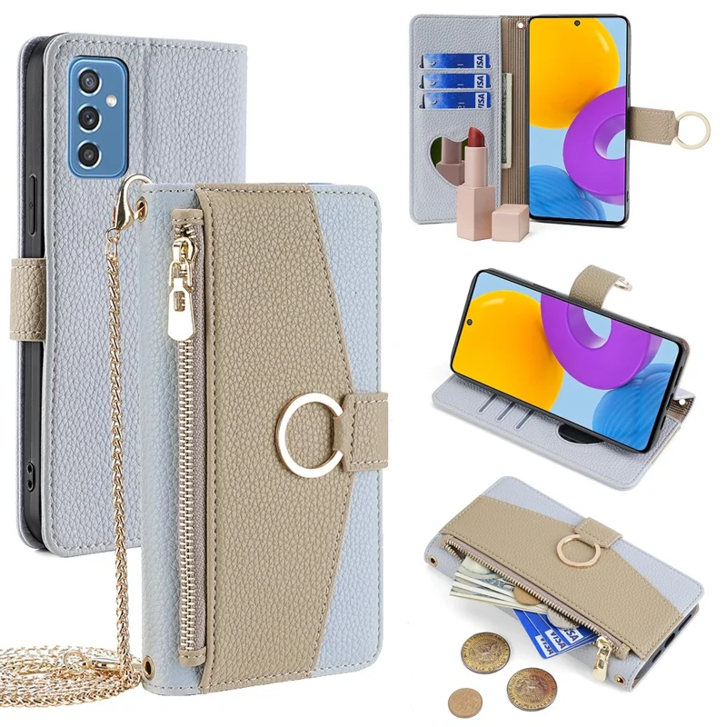 For Samsung Galaxy M52 5G Wallet Case Makeup Mirror Inside Crossbody PU Leather Phone Cover - Blue