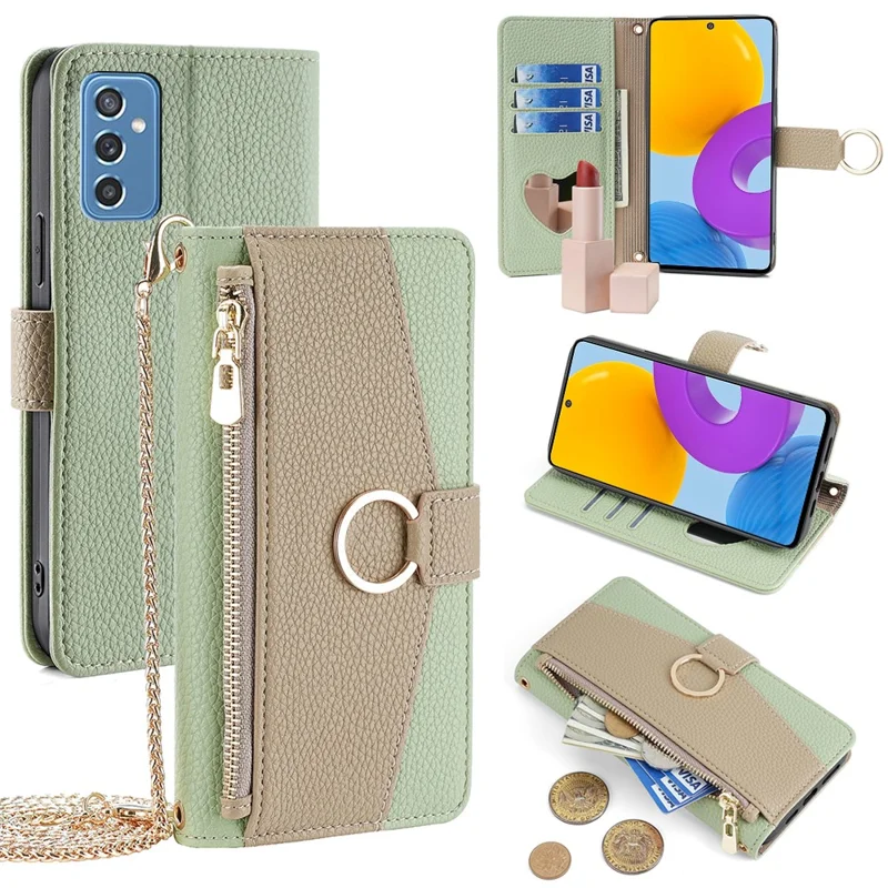 For Samsung Galaxy M52 5G Wallet Case Makeup Mirror Inside Crossbody PU Leather Phone Cover - Green