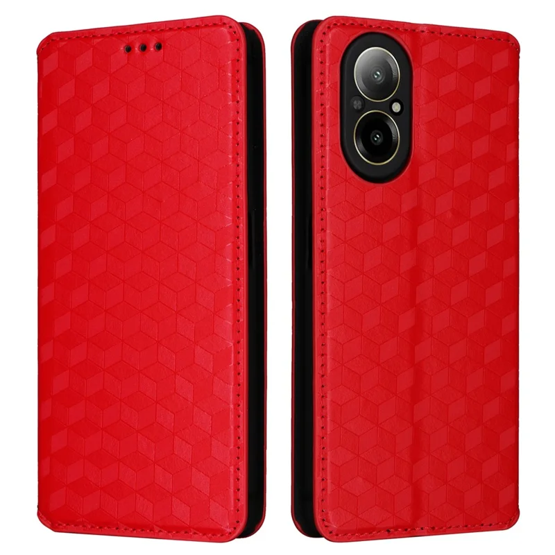 Para Realme C67 4G / 12 Lite 4G Funda de piel sintética con tapa y cartera Rhombus Imprinted Magnetic Folio Cover - Rojo