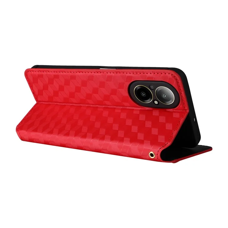 Para Realme C67 4G / 12 Lite 4G Funda de piel sintética con tapa y cartera Rhombus Imprinted Magnetic Folio Cover - Rojo