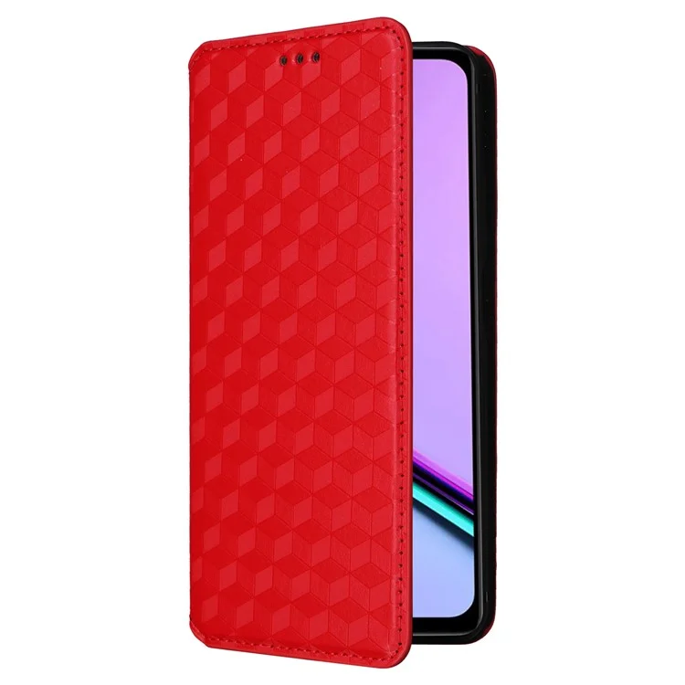 Para Realme C67 4G / 12 Lite 4G Funda de piel sintética con tapa y cartera Rhombus Imprinted Magnetic Folio Cover - Rojo