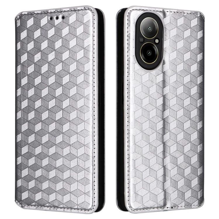 Para Realme C67 4G / 12 Lite 4G Capa de Couro PU Flip Wallet Rhombus Impresso Capa Magnética Folio - Prata