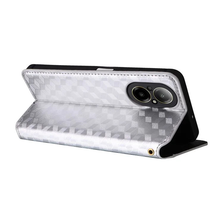 Para Realme C67 4G / 12 Lite 4G Capa de Couro PU Flip Wallet Rhombus Impresso Capa Magnética Folio - Prata