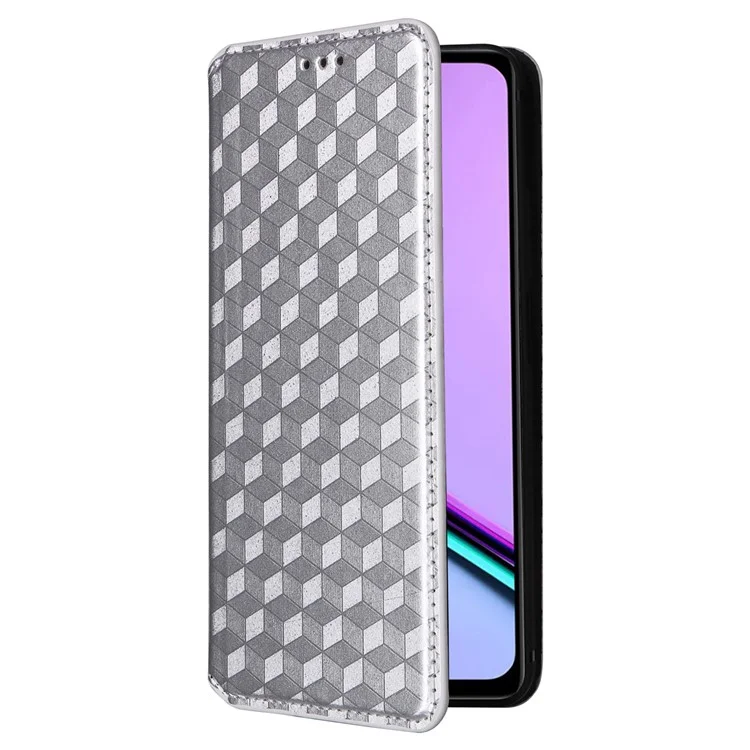 Para Realme C67 4G / 12 Lite 4G Capa de Couro PU Flip Wallet Rhombus Impresso Capa Magnética Folio - Prata