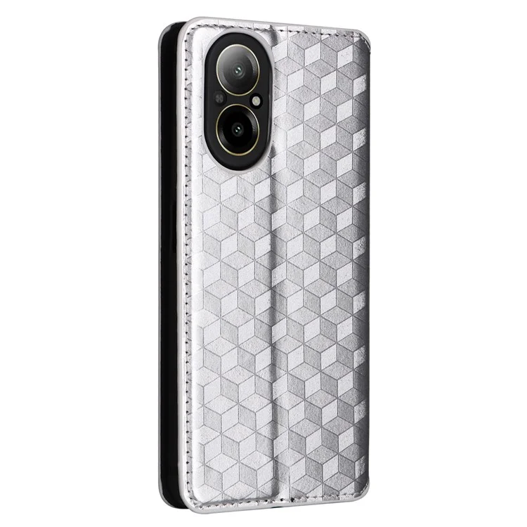 Para Realme C67 4G / 12 Lite 4G Capa de Couro PU Flip Wallet Rhombus Impresso Capa Magnética Folio - Prata