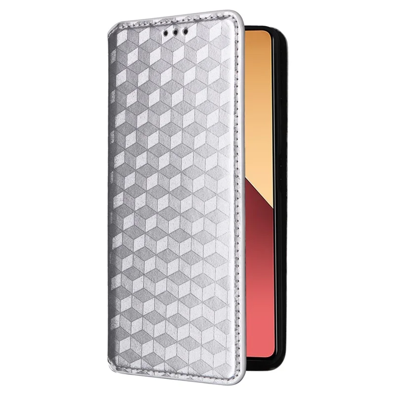 For Xiaomi Redmi Note 13 Pro 4G / Poco M6 Pro 4G / Note 14S 4G Case Rhombus Imprinted Stand View Phone Cover - Silver