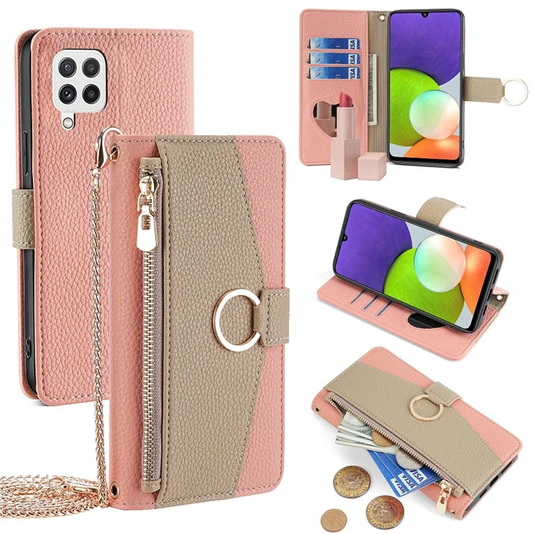 For Samsung Galaxy A22 4G (EU Version) Case Zipper Wallet Stand PU Leather Phone Cover - Pink