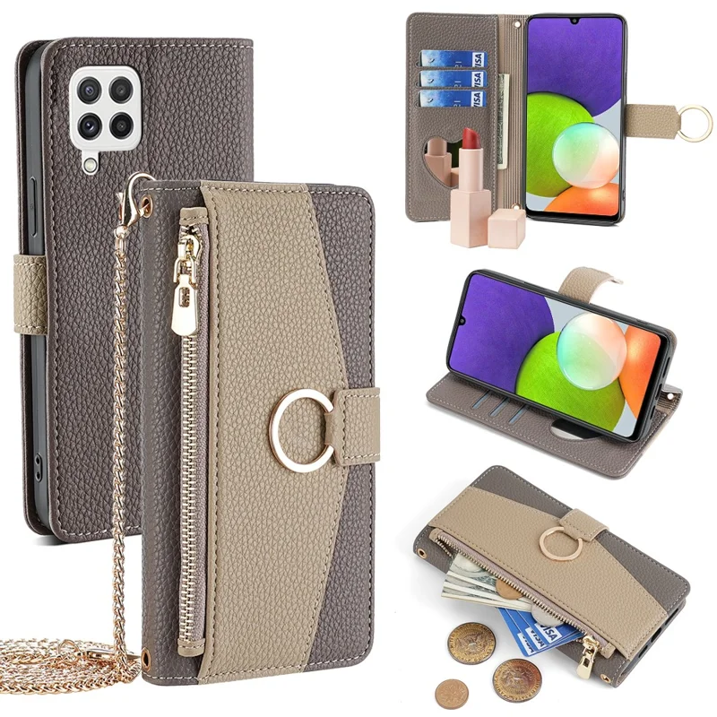 For Samsung Galaxy A22 4G (EU Version) Case Zipper Wallet Stand PU Leather Phone Cover - Grey